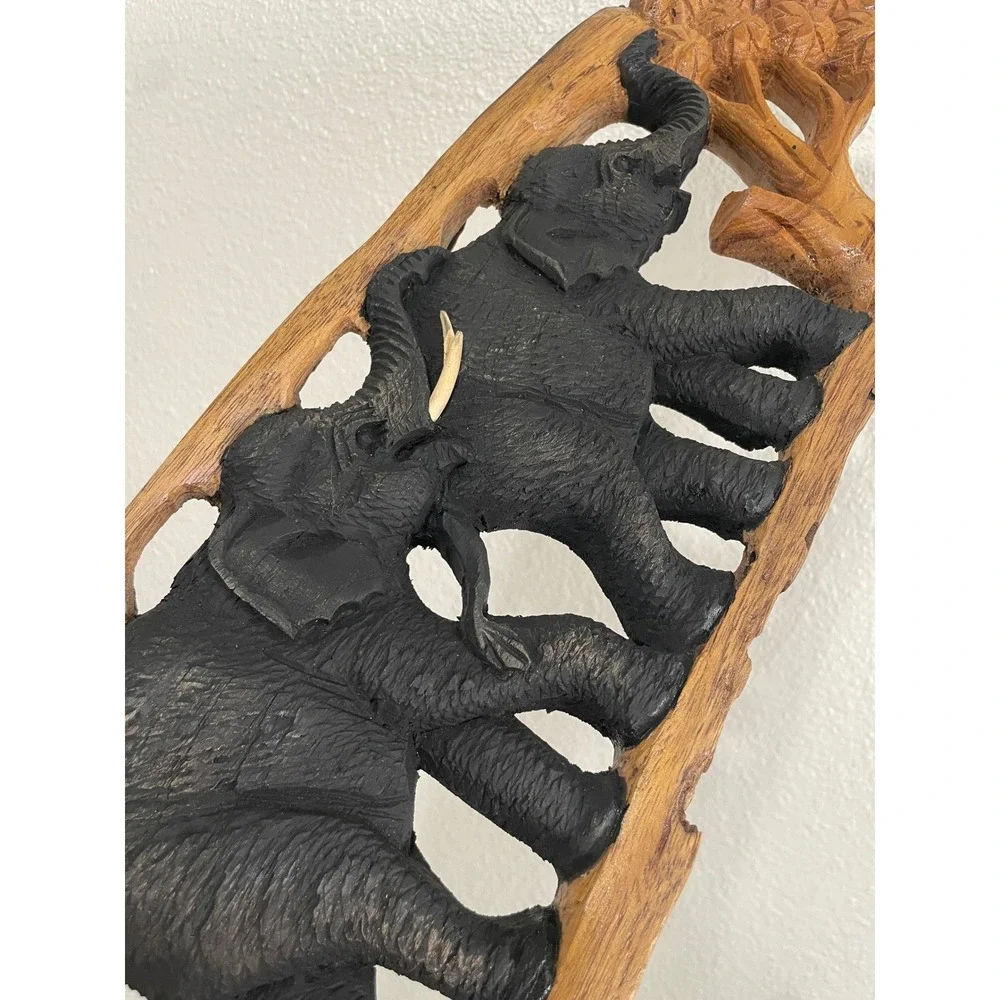 Unbranded Hand Carved Elephant Wood Wall Plaque Brown Black Excellent Relief Art